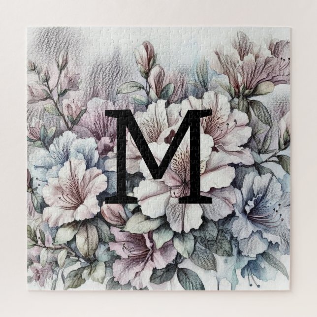Puzzle Dessin floral monogramme bleu rose azalées (Vertical)