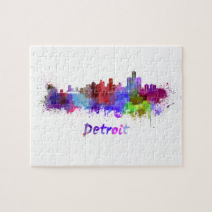 Puzzle Detroit skyline in watercolor