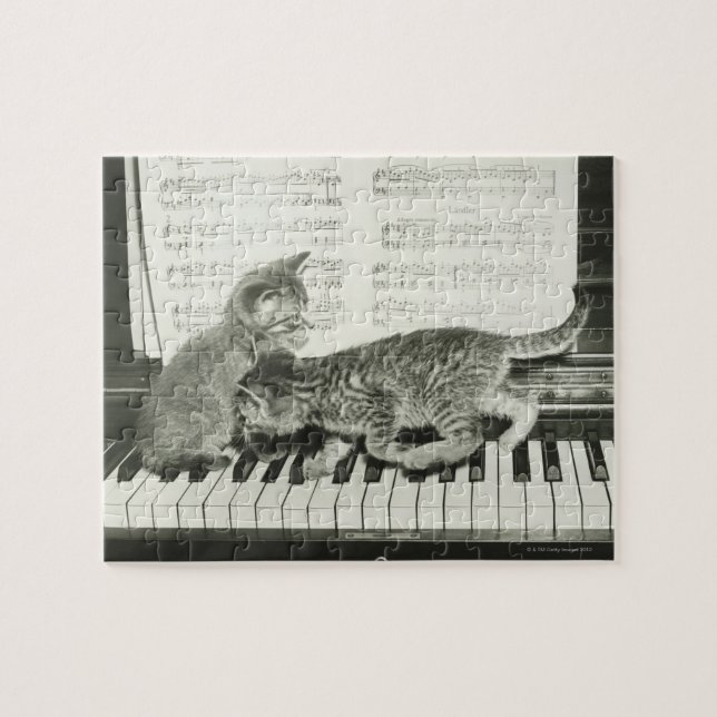 Puzzle Deux chaton jouant sur le clavier du piano, (B&W) (Horizontal)