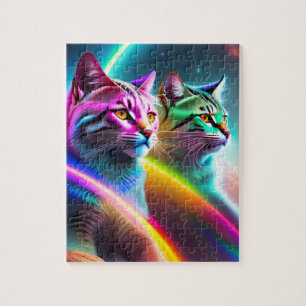 Puzzle Deux chats spatiaux Neon éclaire les chats colorés