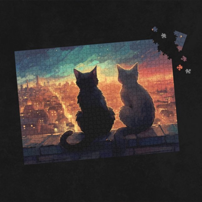 Puzzle Deux chats sur le toit surplombant la ville la nui (Two Cats on a Rooftop Overlooking City at Night Puzzle)