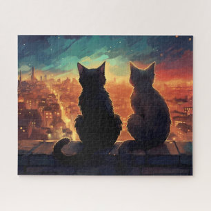 Puzzle Deux chats sur le toit surplombant la ville la nui