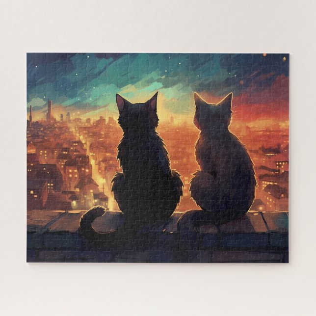 Puzzle Deux chats sur le toit surplombant la ville la nui (Horizontal)