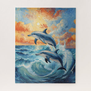 Puzzle Deux dauphins de saut artistique Coucher de soleil