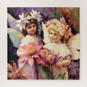 Puzzle Deux enfants de fées dans un jardin fleuri