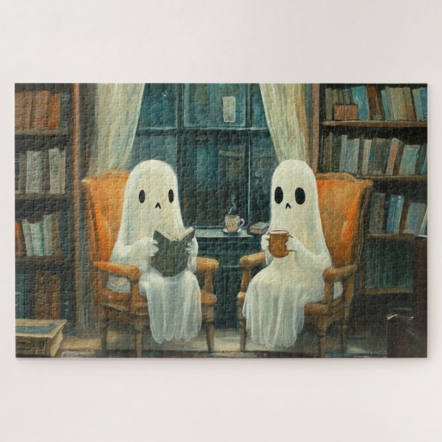 Puzzle Deux fantômes confortables lisant dans une bibliot (Horizontal)