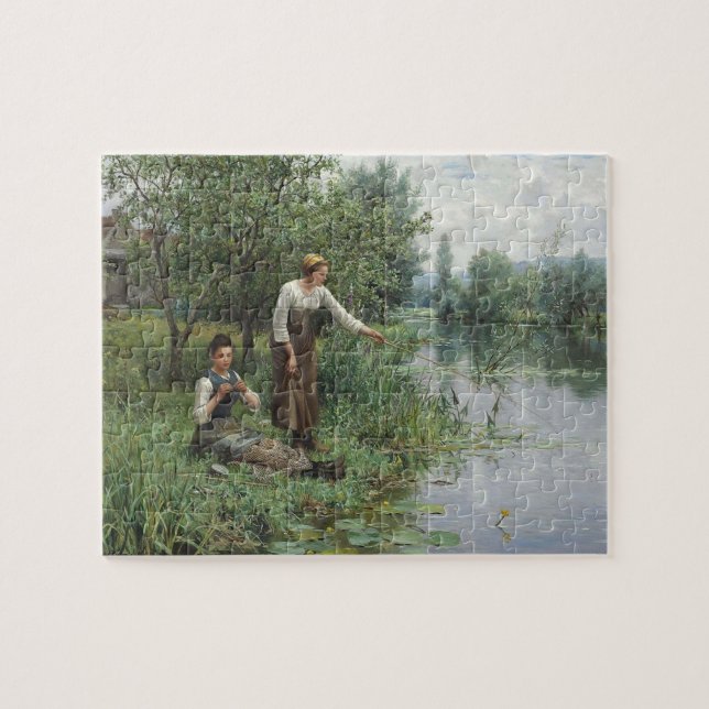 Puzzle Deux femmes pêchent sur l'herbe au bord de la rivi (Horizontal)