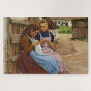 Puzzle Deux Filles avec Needlework assis dans une ferme