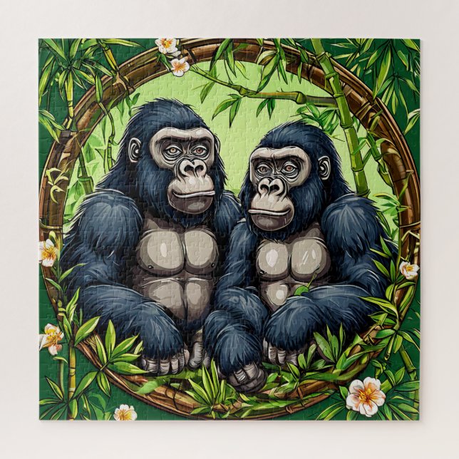 Puzzle Deux gorilles dans un cadre en bambou tropical (Vertical)