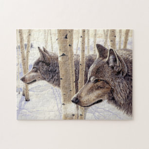Puzzle Deux loups chassant dans la neige d'hiver Peinture