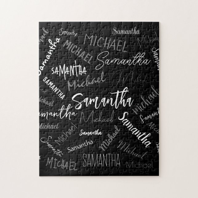 Puzzle Deux noms couple motif monogramme noir gris blanc (Vertical)