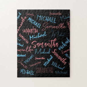 Puzzle Deux noms couples motif monogramme bleu rose clair