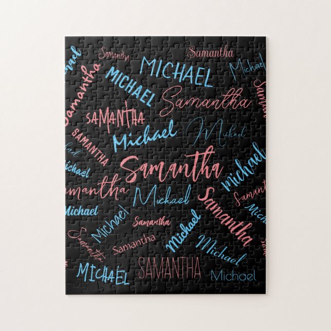 Puzzle Deux noms couples motif monogramme bleu rose clair (Vertical)