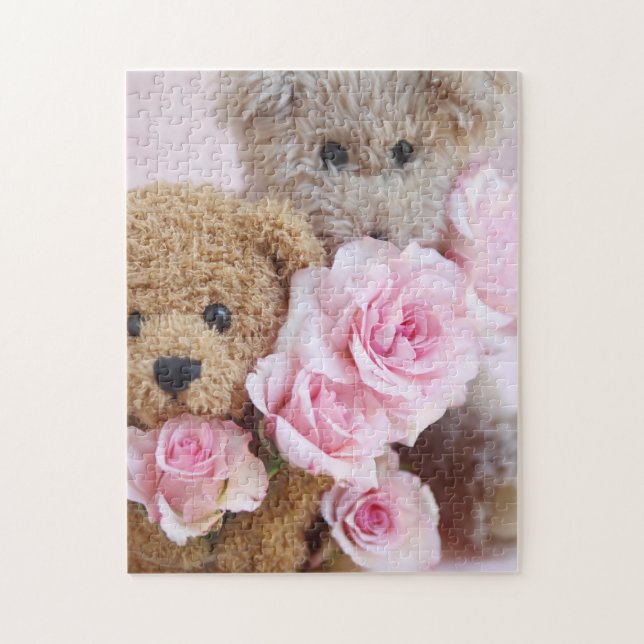 Puzzle Deux nounours tenant des roses (Vertical)