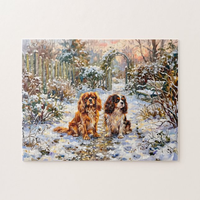 Puzzle Deux Spaniels Cavalier sur un chemin hivernal (Horizontal)
