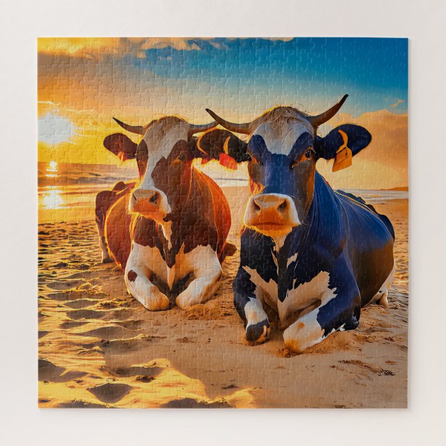 Puzzle Deux vaches sur une plage éclairée par le soleil (Vertical)
