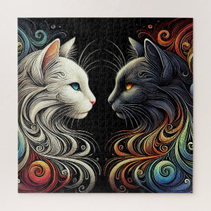 Puzzle Deux visages de chat contrastés avec des tourbillo
