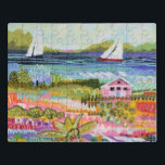 Puzzle Deux voiliers et chalet<br><div class="desc">Deux voiliers et Cottage I de Karen Fields. Scène ludique et lumineuse avec fleurs, arbres, cottage et voiliers sur l'eau.</div>