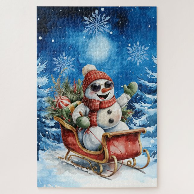 Puzzle Difficile Bonhomme de Neige de Noël d'Hiver Bleu (Vertical)