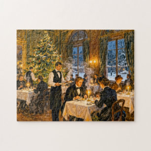 Puzzle Dîner de Noël Impressionniste Vintage dans un cadr