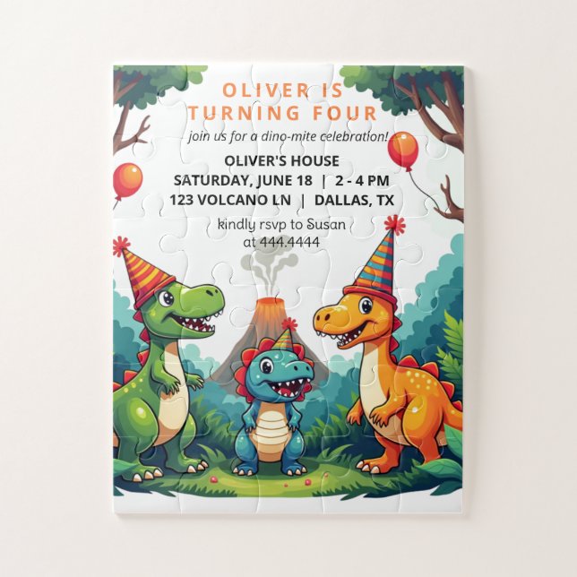 Puzzle Dino Dinosaur Anniversaire Fête Invitation cadeau (Vertical)