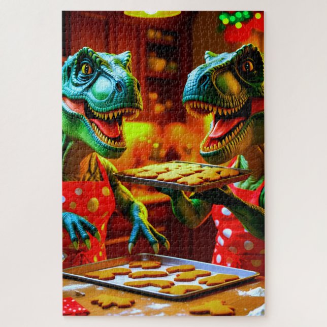 Puzzle Dinosaurs baking gingerbread cookies (Vertical)