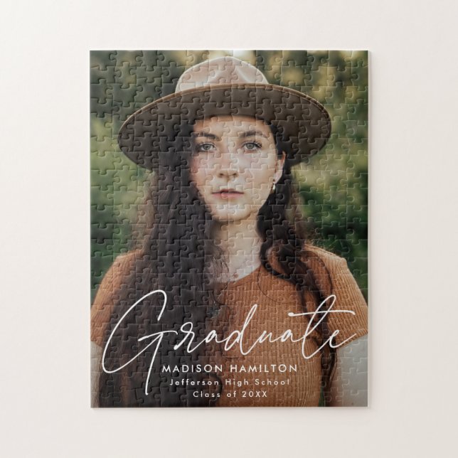 Puzzle Diplômé moderne blanc Script photo Graduation (Vertical)