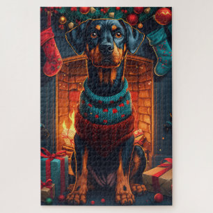 Puzzle Doberman avec des cadeaux de Noël devant une chemi