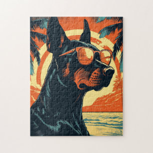 Puzzle Doberman avec lunettes de soleil sur une plage tro