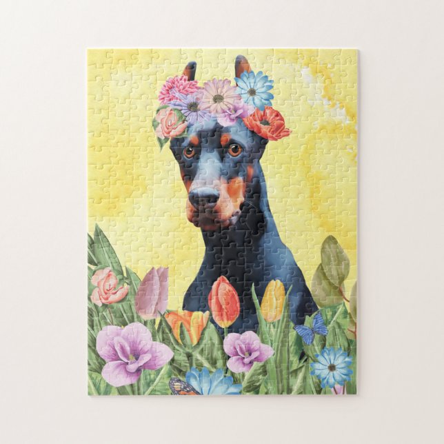 Puzzle Doberman Chien avec Fleurs Printemps (Vertical)