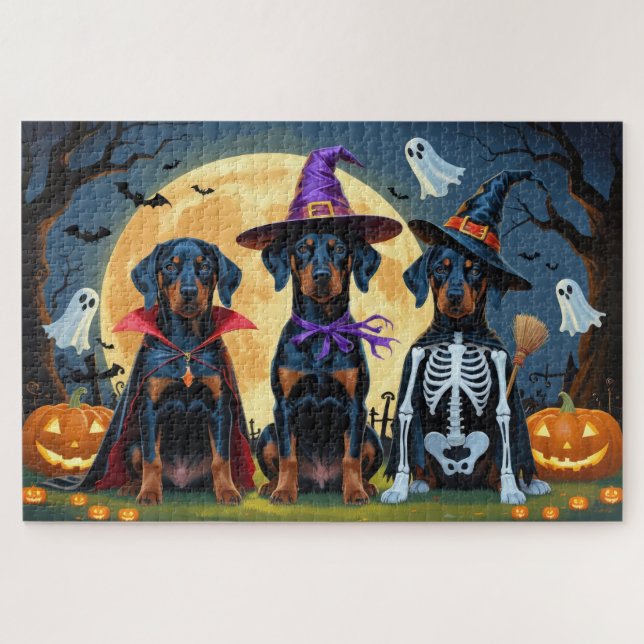 Puzzle Doberman Chiens Citrouille Halloween Drôle (Horizontal)