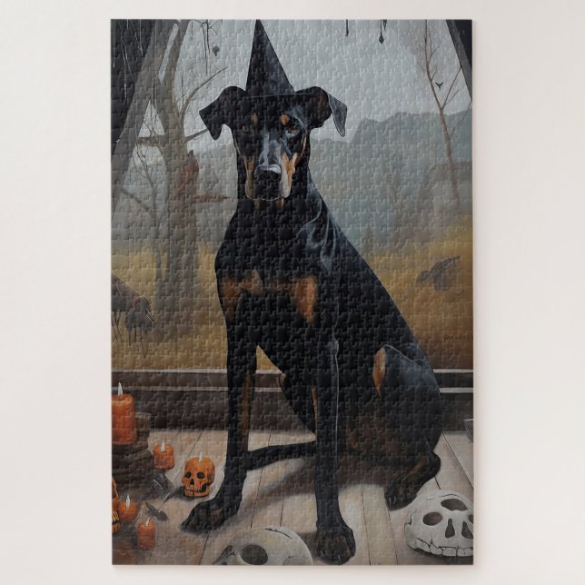 Puzzle Doberman Citrouilles Halloween Épouvantable (Vertical)