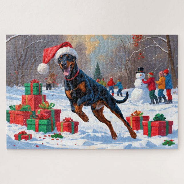 Puzzle Doberman courant dans la neige avec un chapeau de  (Horizontal)