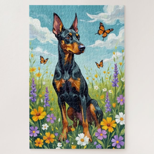 Puzzle Doberman Floral de Prairie de Printemps Chien (Vertical)