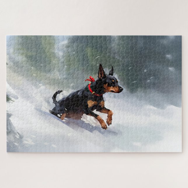 Puzzle Doberman Pinscher Noël neige hiver (Horizontal)