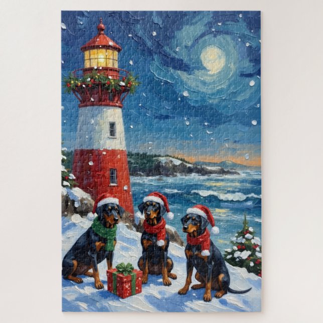 Puzzle Doberman Pinscher Noël Phare Vacances (Vertical)