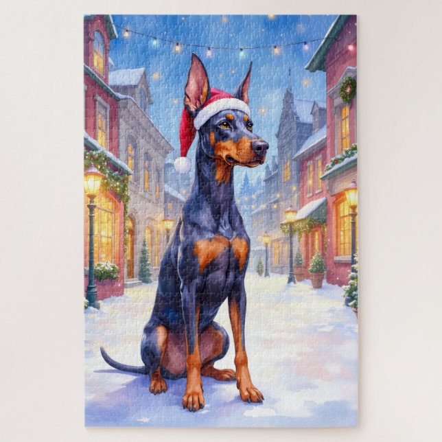 Puzzle Doberman Pinscher Snowy Village Santa Hat Christma (Vertical)