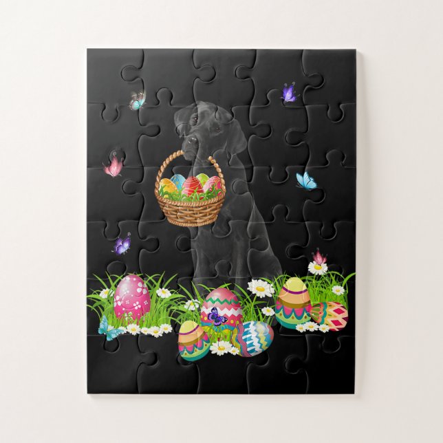 Puzzle Dog Lover | Bunny Black Labrador Dog & Easter Eggs (Vertical)