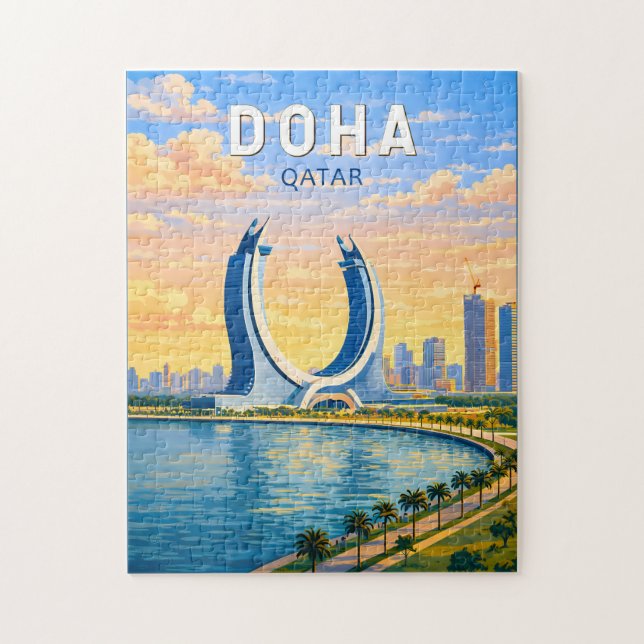 Puzzle Doha Qatar Illustration Voyage Art Rétro (Vertical)