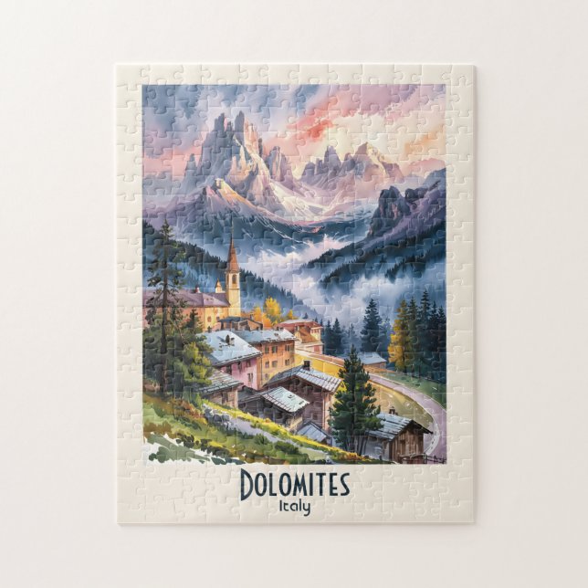 Puzzle Dolomites Italy Alps Mountain Landscape Watercolor (Vertical)