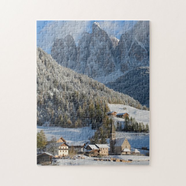 Puzzle Dolomites village in the snow in winter (Vertical)