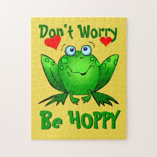 Puzzle Dont Worry Be Hoppy Cute Green Frog w Hearts