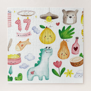 Puzzle Doodles d'aquarelle Kawaii, autocollant prêt.