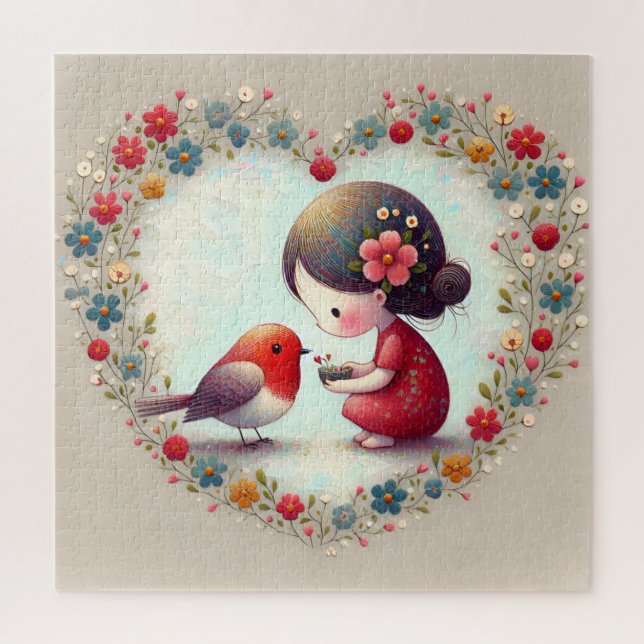 Puzzle Douce Robin et petite fille Cœur floral (Vertical)