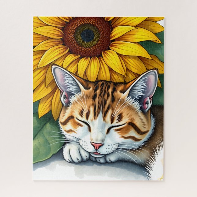 Puzzle Doux Chat Kitty Endormi et Tournesols  (Vertical)