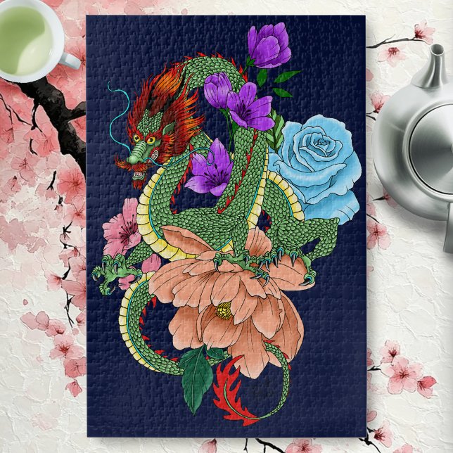 Puzzle Dragon Chinois Vert Mystique Floral Bleu Marine (Créateur téléchargé)