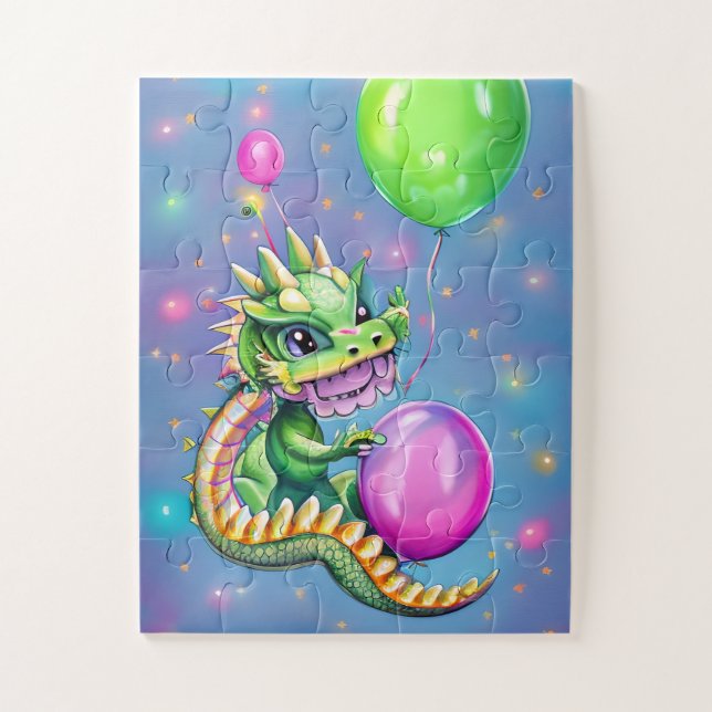 Puzzle Dragon d'anniversaire mignon avec ballons (Vertical)