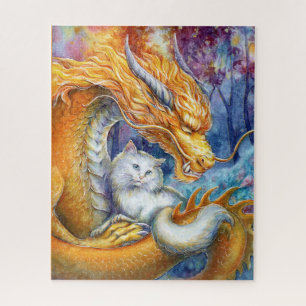Puzzle Dragon de Feu et Chat Blanc dans une Forêt Mystiqu