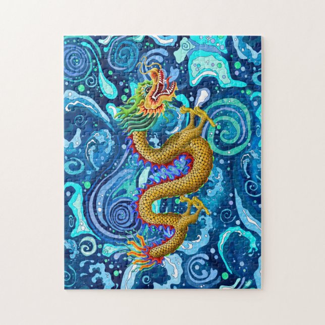 Puzzle Dragon d'or sur les ondes bleues (Vertical)