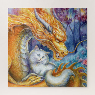 Puzzle Dragon Feu et Chat Blanc dans une Forêt Mystique